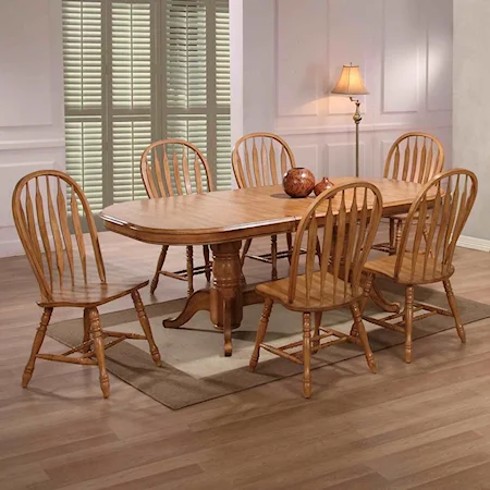 Double Pedestal Oak Dining Table with 6 Bow Back Side Chairs